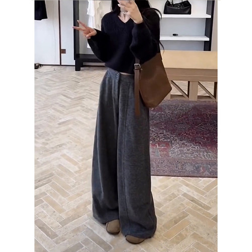 慵懒风高腰灰色阔腿弯刀裤女2025