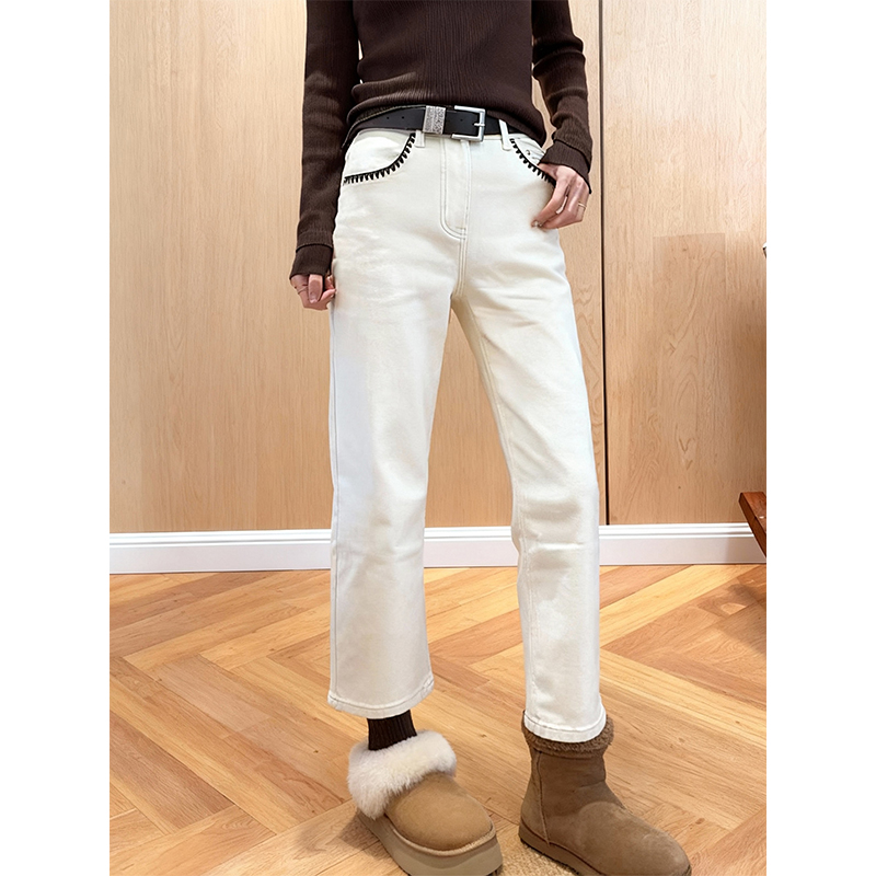 加绒加厚简约米杏色烟管牛仔裤女