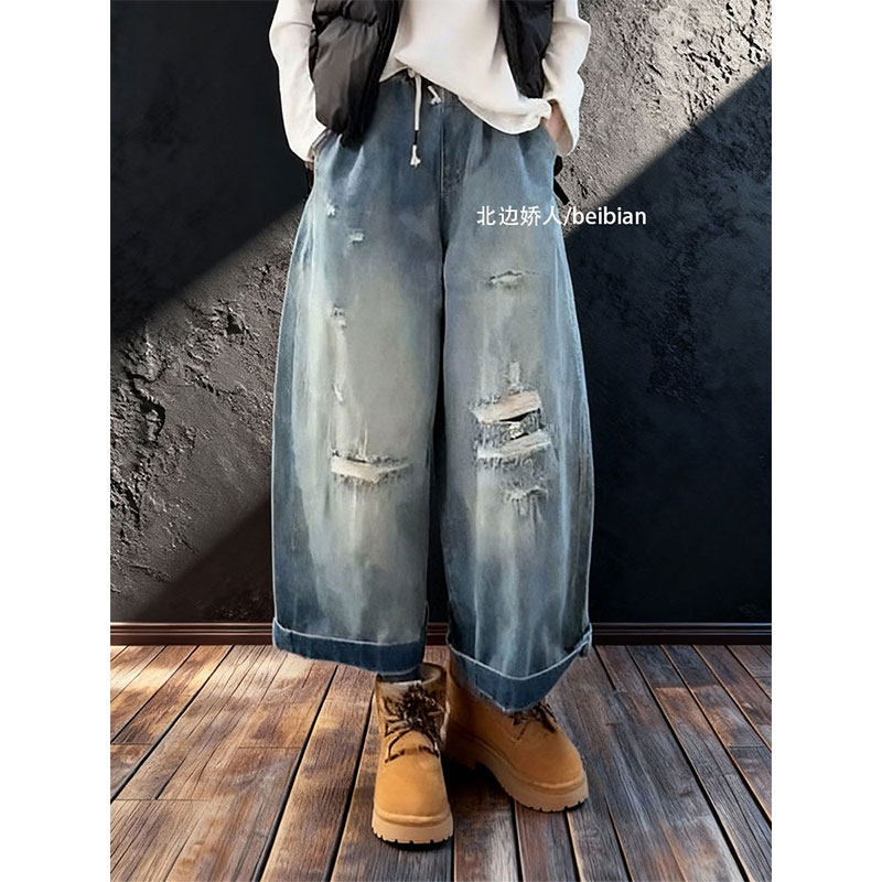 大码时尚个性假破洞阔腿牛仔裤女2026早春胖mm宽松显瘦百搭休闲裤,女装/女士精品,大码裤装,淘宝优惠券,粉丝福利购,淘宝优惠卷