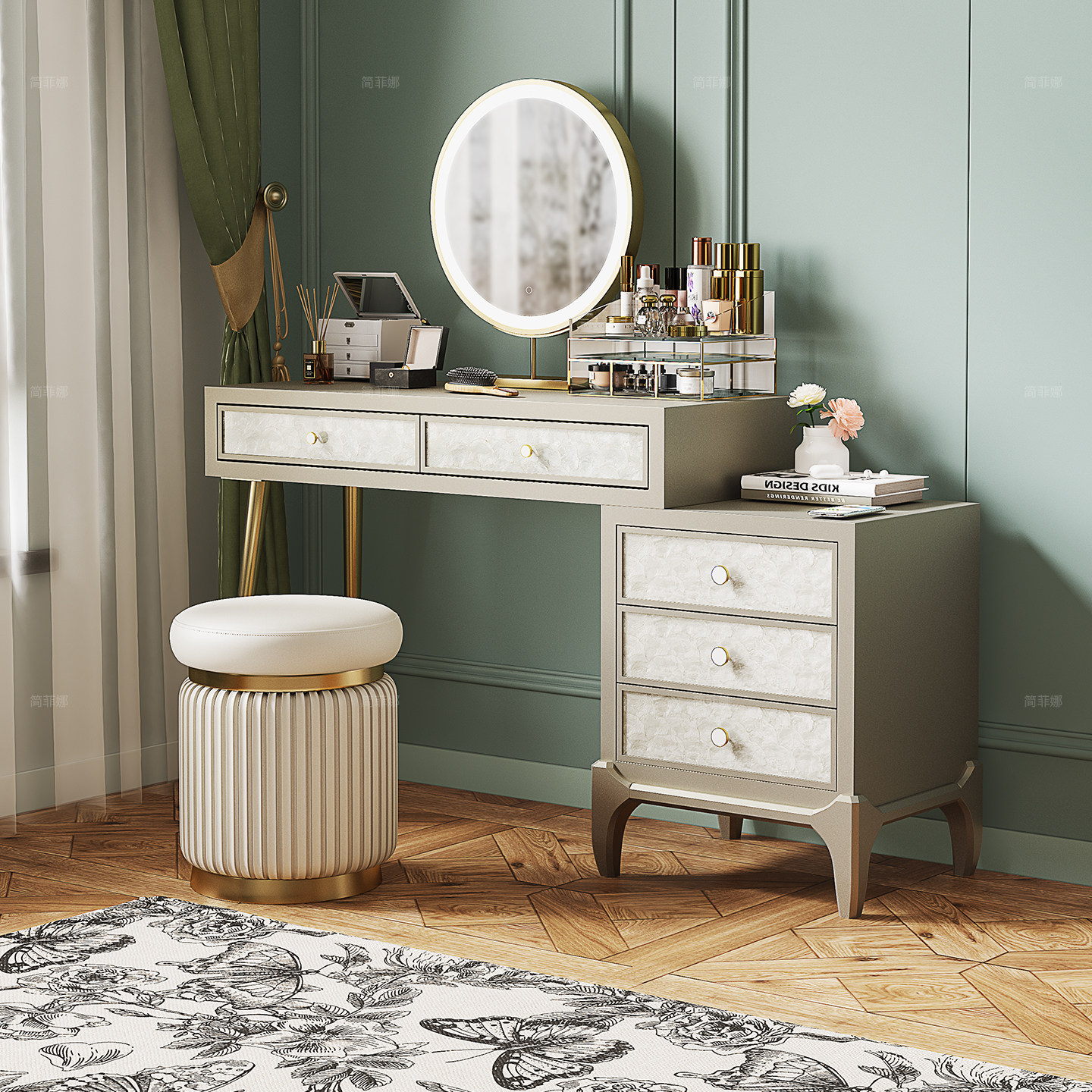 简菲娜轻奢梳妆台奶油风卧室床头柜斗柜化妆柜一体化妆桌化妆台,住宅家具,梳妆台/桌,淘宝优惠券,粉丝福利购,淘宝优惠卷