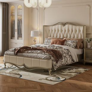 简菲娜美式 双翼天使实木床轻奢真皮床主卧婚床小户型奶油风双人床