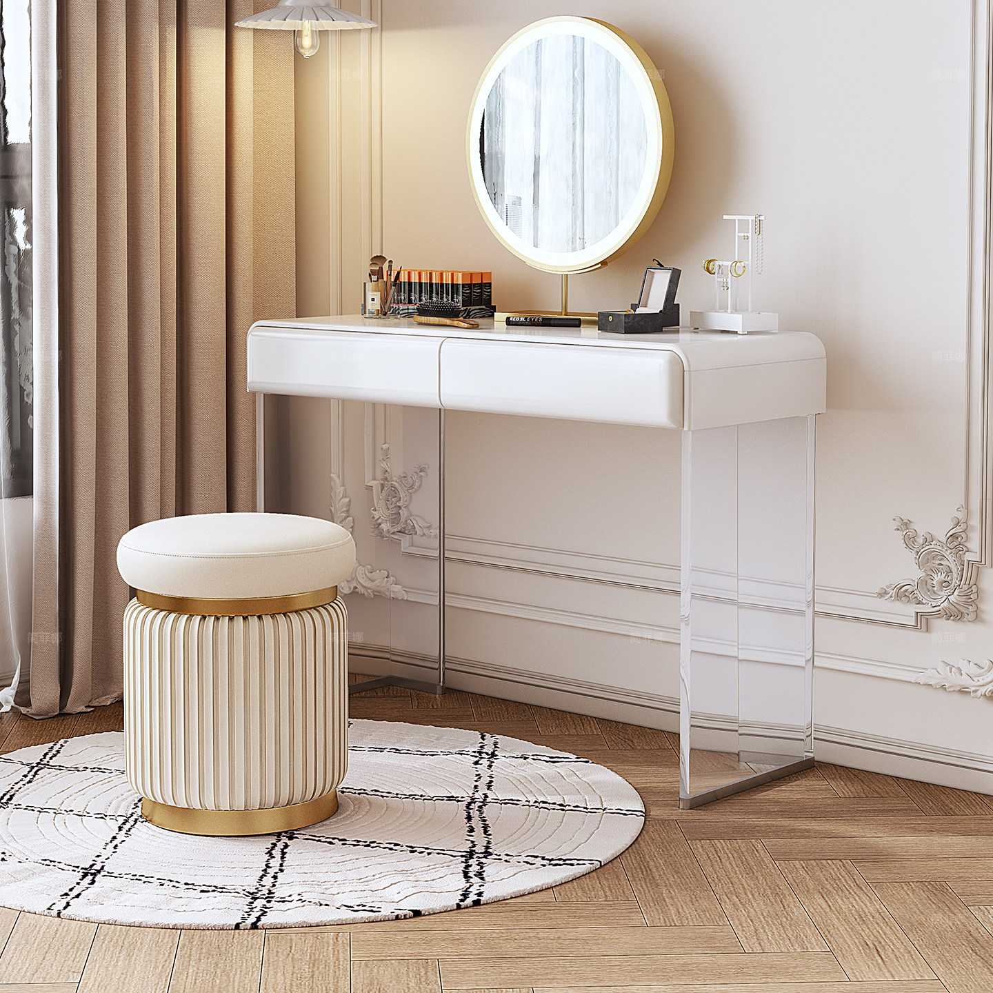 简菲娜实木梳妆台法式奶油风伸缩化妆桌白色抽屉斗柜化妆台一体