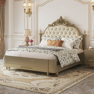 简菲娜法式 轻奢雕花床主卧实木双人婚床 曼德丽娜床头层牛皮床美式