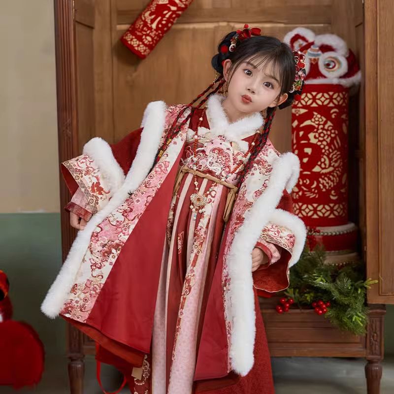 汉服女童冬新款国风唐装加绒加厚外套刺绣小女孩连衣裙拜年服套装