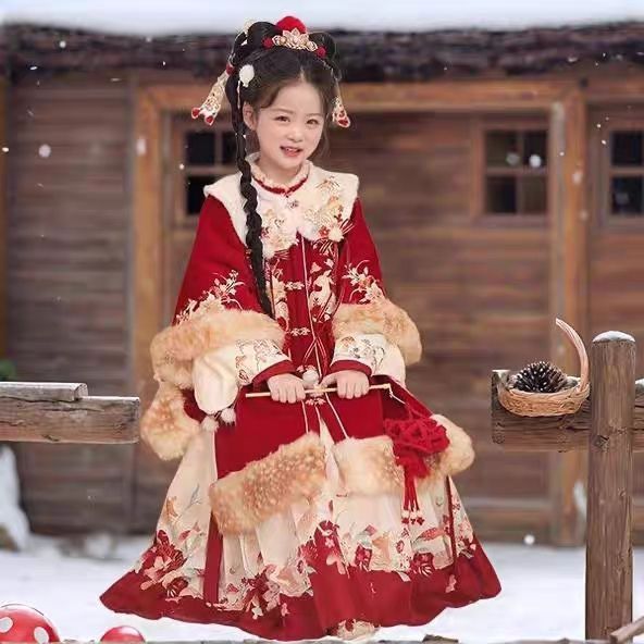 汉服女童冬装宝宝中国风重工云肩套装女孩古装儿童红色唐装拜年服