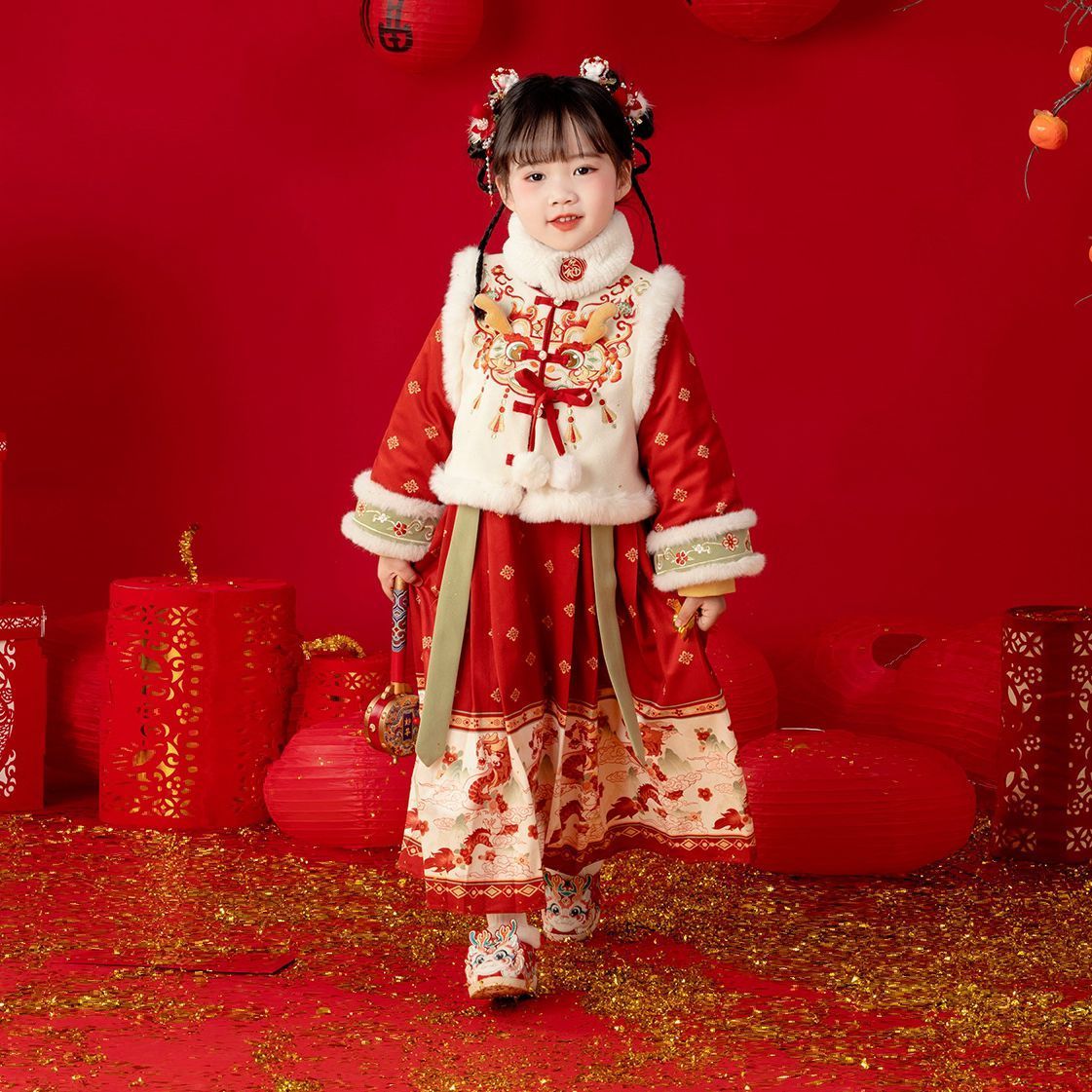 汉服女童冬季儿童拜年服套装加厚加绒2026新款宝宝过新年喜庆唐装