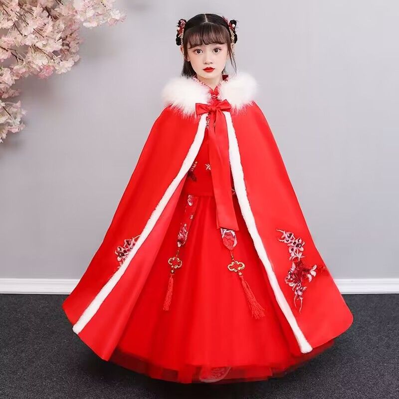 儿童汉服公主裙加绒加厚汉服女童唐装仙女裙秋冬裙子古装旗袍套装