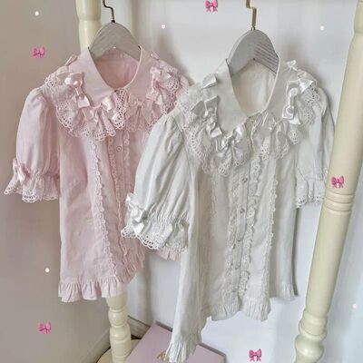 Lolita花边娃娃领软妹短袖泡泡袖甜美可爱上衣衬衫lolita内搭