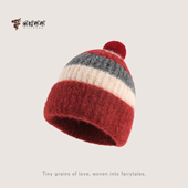 红色新年儿童秋冬款 条纹针织帽男女童百搭韩版 复古毛线帽加厚冷帽