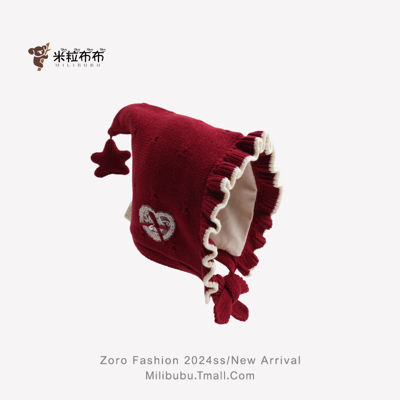 红色中国风宝宝秋冬针织护耳帽女宝洋气圣诞帽新年喜庆公主精灵帽