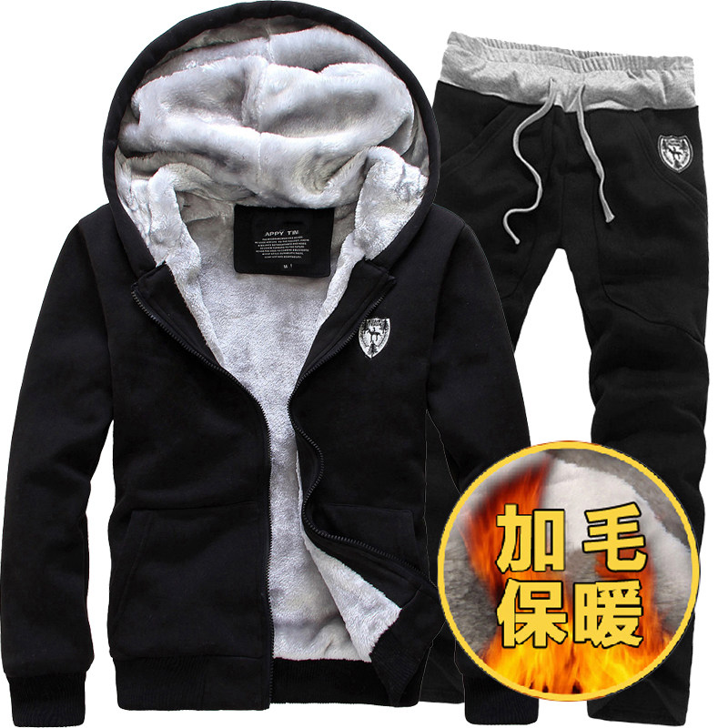 。男士套装冬季卫衣连帽一套冬天衣服初高中学生加绒加厚冬装外套
