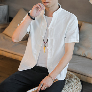 亚麻中式 复古 T恤衬衫 中国风男装 男士 立领衬衣夏季 棉麻衣短袖 唐装