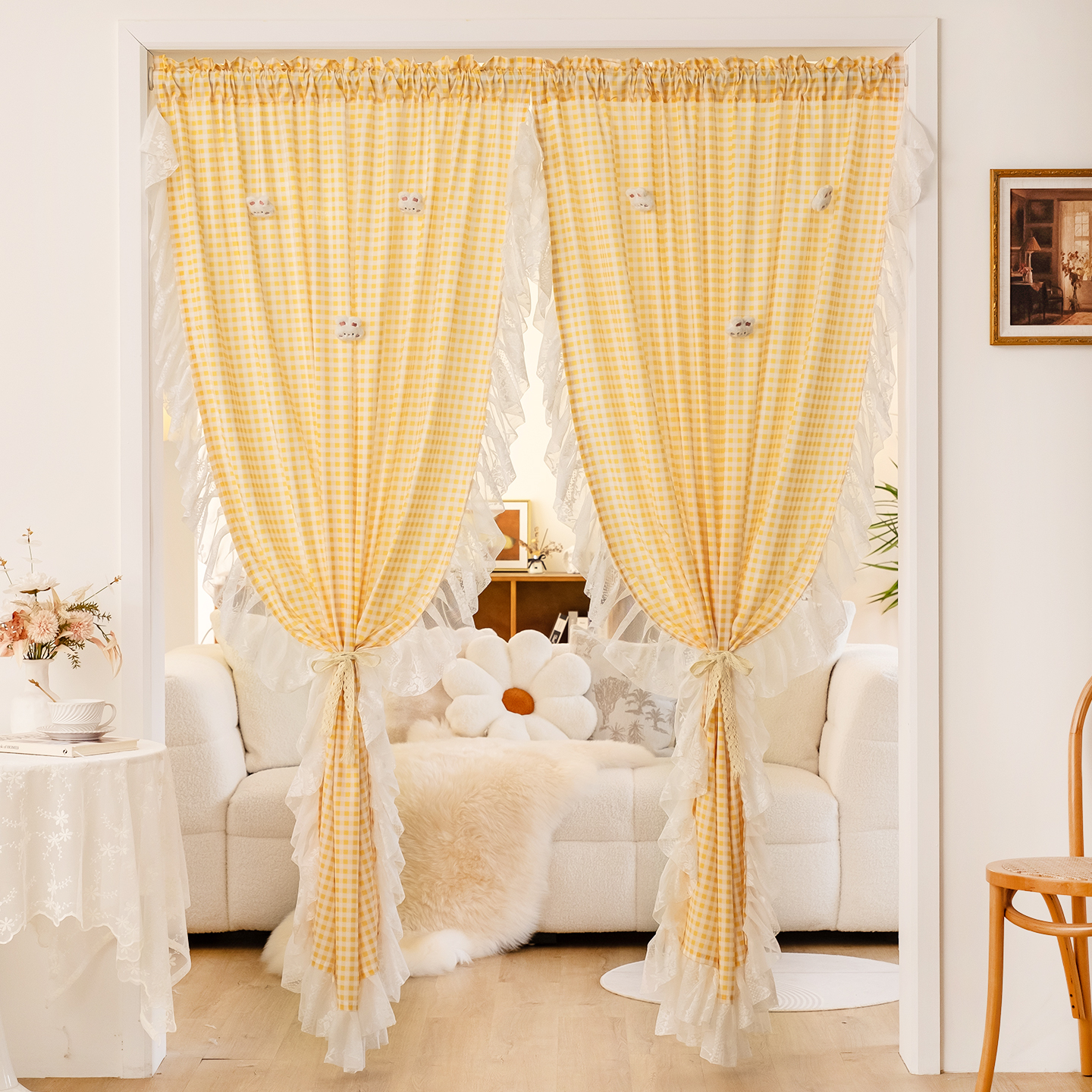 法式奶油风小清新ins黄色格子窗帘女生卧室门帘免打孔隔断帘半帘