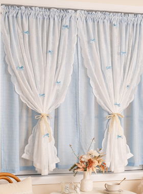法式双层蕾丝纱帘蓝色格子公主风窗帘儿童女孩卧室飘窗免打孔门帘