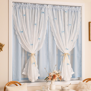 法式双层蕾丝纱帘蓝色格子公主风窗帘儿童女孩卧室飘窗免打孔门帘