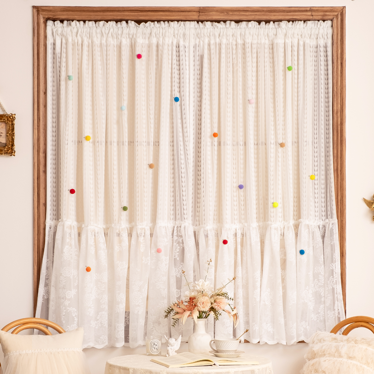 法式白色裙摆蕾丝纱帘多巴胺窗帘儿童房飘窗免打孔半帘门帘隔断帘