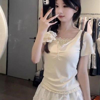 夏季新款甜妹小众设计感蕾丝边假两件修身显瘦上衣+蕾丝半身裙女