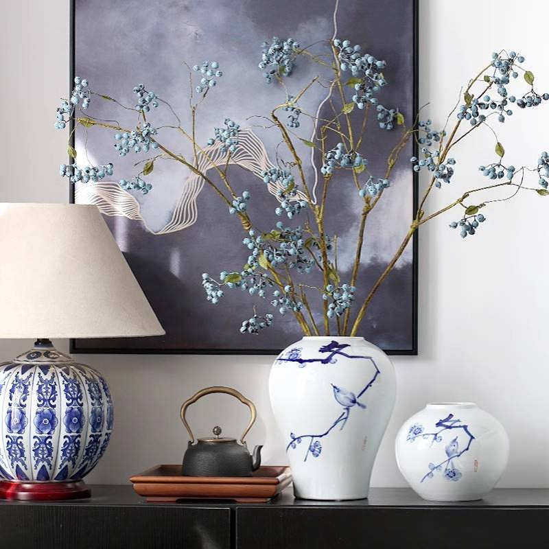 陶瓷青花瓷花瓶摆件中国风新中式 手绘腊梅花器客厅玄关