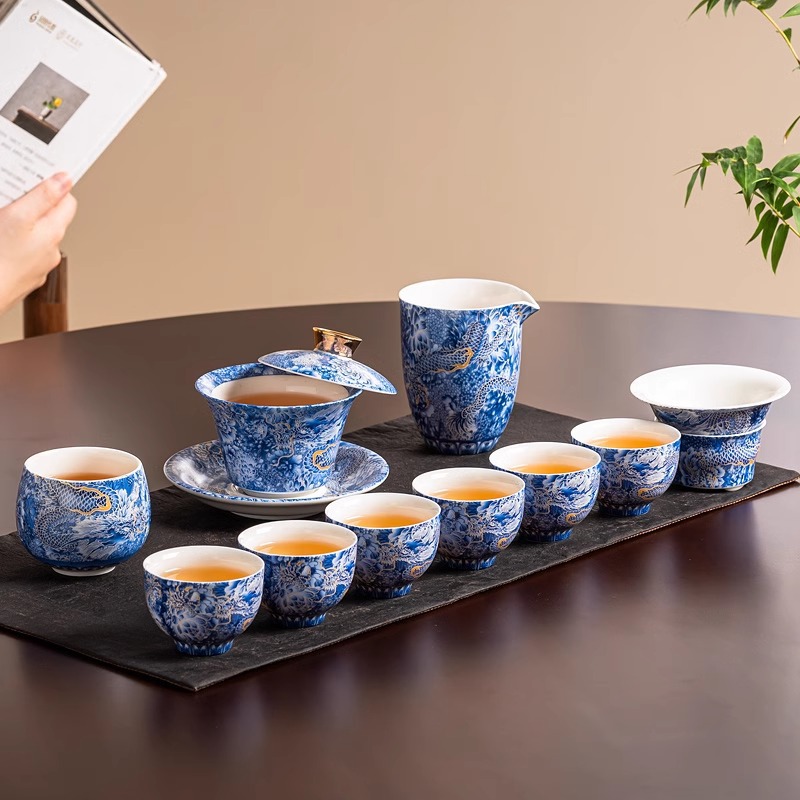 掐丝银龙纹茶具套装家用悬停三才盖碗可旋转盖碗茶杯高档泡茶碗