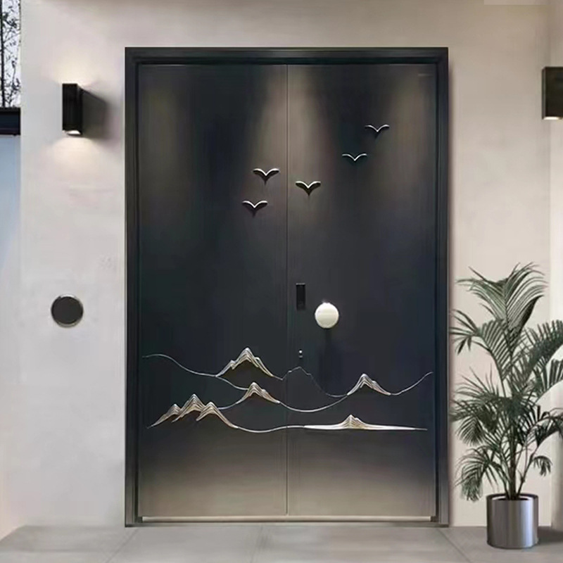 中式铸铝门别墅大门轻奢简约客厅家用双开入户智能大门新中式大门