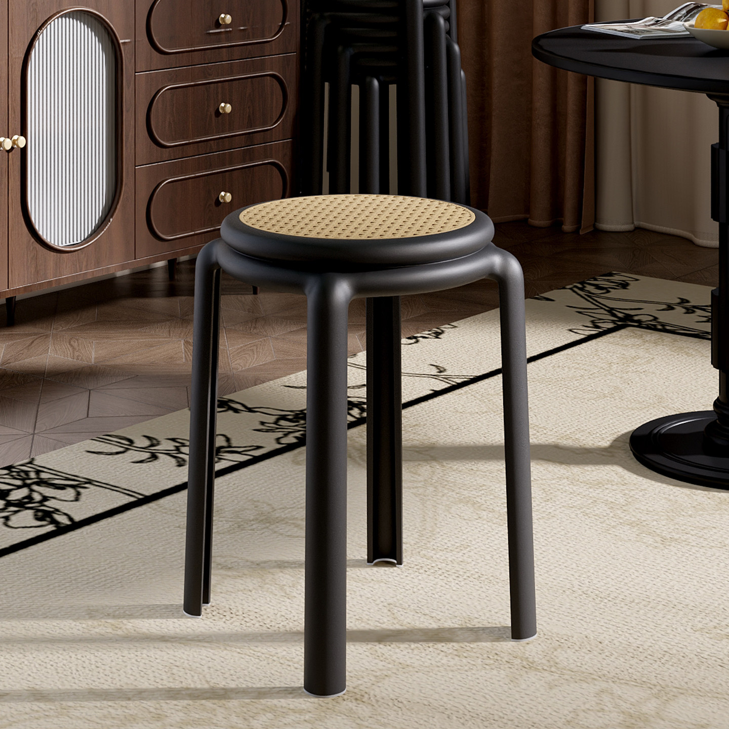 凳子家用加厚可叠放藤编圆凳中古风客厅备用简约结实耐用塑料板凳