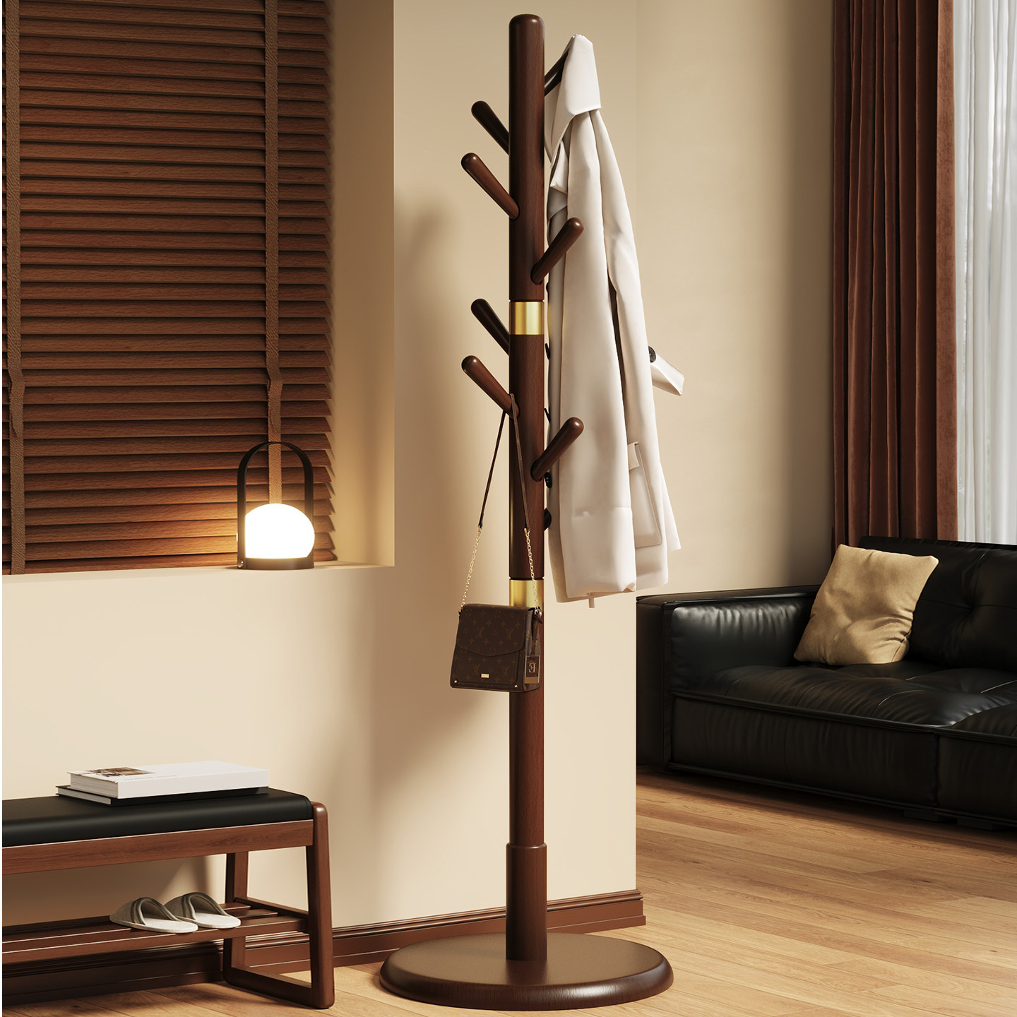 全实木衣帽架落地卧室家用立式挂衣架新中式小型入户门玄关挂包架