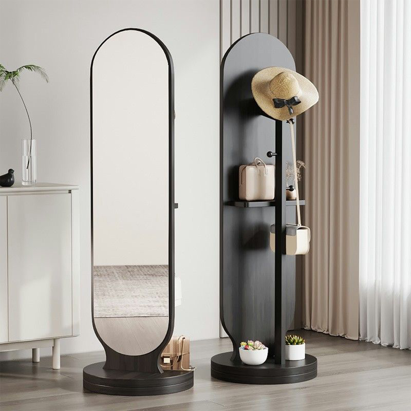 旋转全身镜落地镜家用女生卧室可移动穿衣镜带挂衣架一体试衣镜子