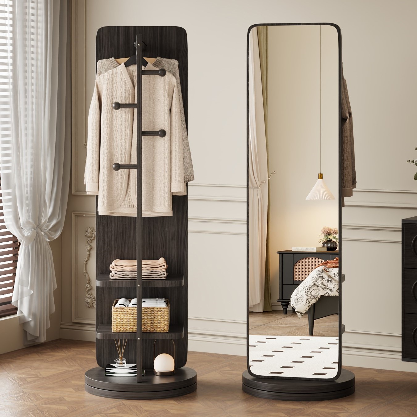 复古全身镜落地镜家用衣帽架一体穿衣镜可旋转移动卧室大试衣镜子