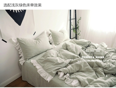 【蜗牛塔】a类婴儿可用莫兰迪浅灰绿纯棉水洗棉荷叶边床品套件