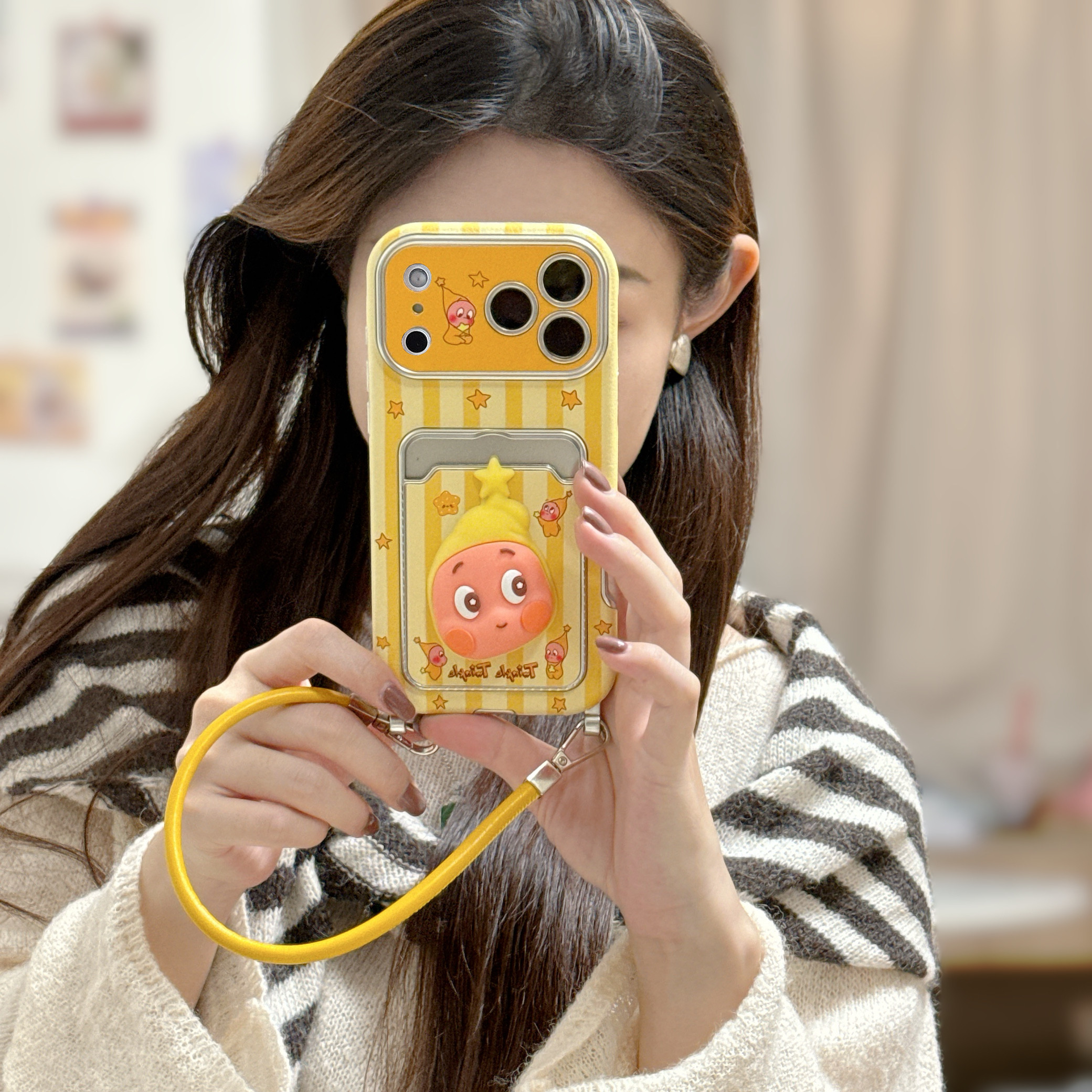 可爱泡泡玛特星星人立体公仔适用苹果17pro手机壳卡通iPhone16promax软壳13黄色插卡带挂绳防摔15/14PM保护套