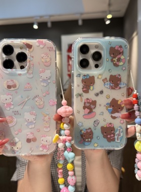 夏威夷黑皮hellokitty凯蒂猫适用iPhone16Pro手机壳卡通蛋糕KT猫咪14苹果15保护套网红时尚i16软壳可爱冲浪kt