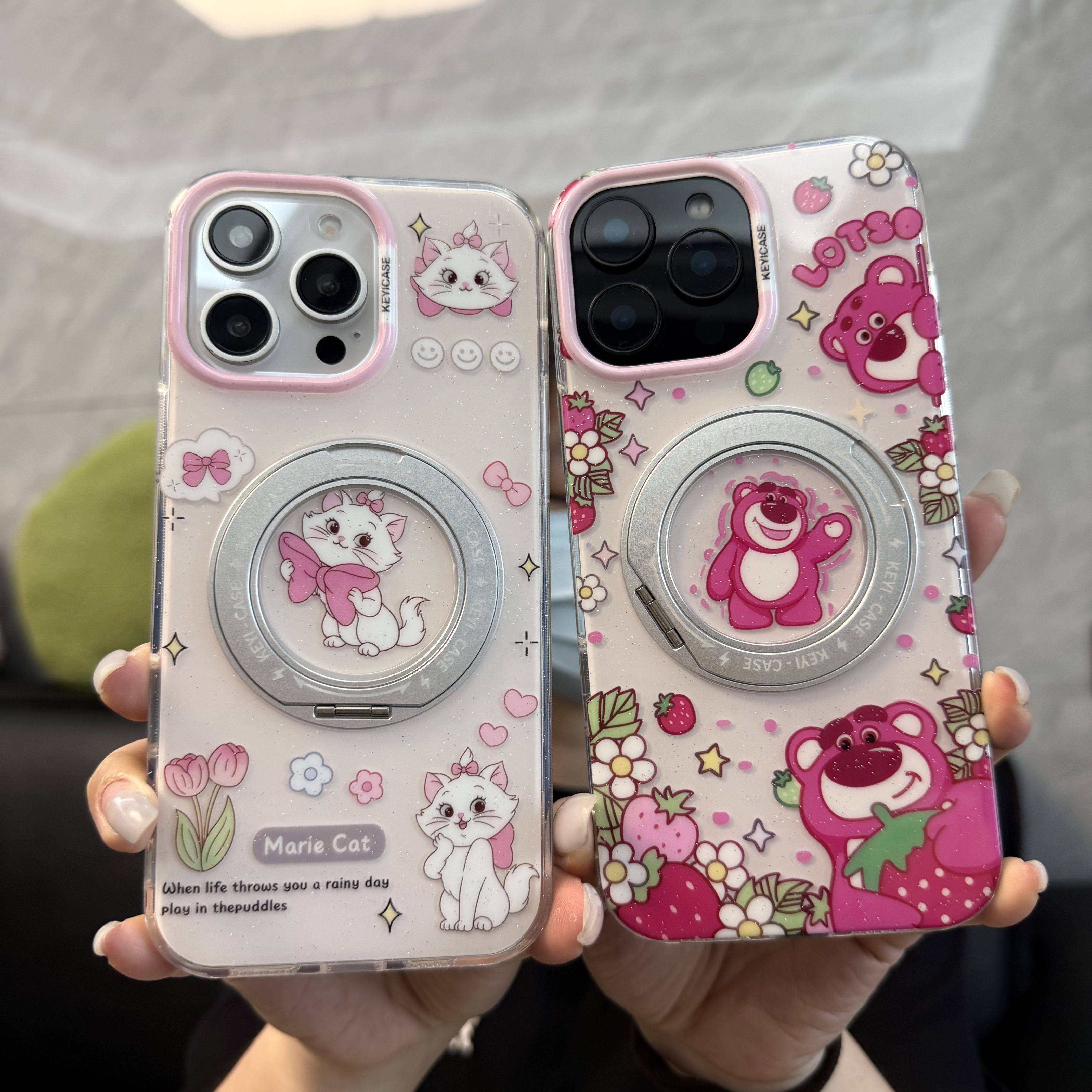 迪士尼草莓熊磁吸充电适用iPhone17ProMax手机壳少女风玛丽猫苹果16pro外壳卡通旋转支架软胶14/15PM保护套13