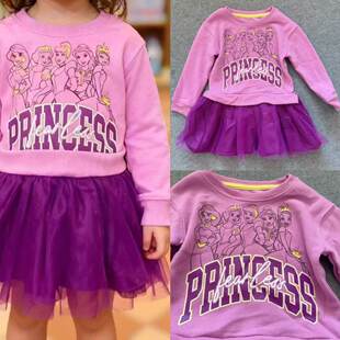 外单女童3-10岁秋冬款新款卡通五公主加绒时网纱拼接连衣裙裙子