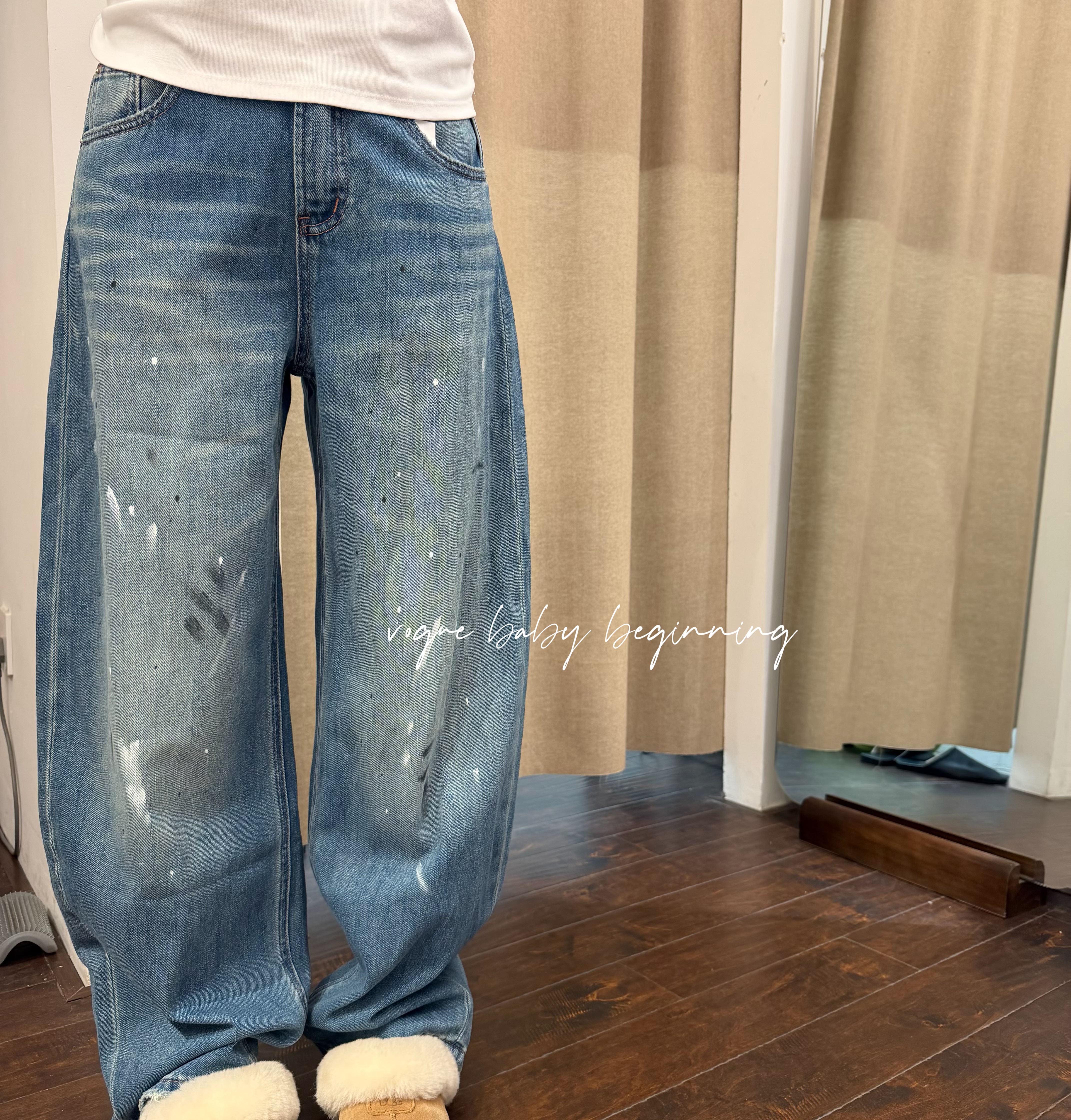 松弛感美式复古泼墨阔腿牛仔裤女春夏新款高腰宽松直筒休闲长裤