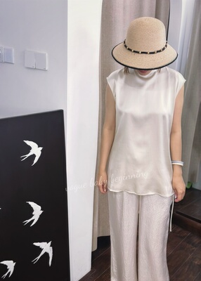 南油设计师气质通勤弹力真丝纯色香槟色半高领包肩无袖衬衫