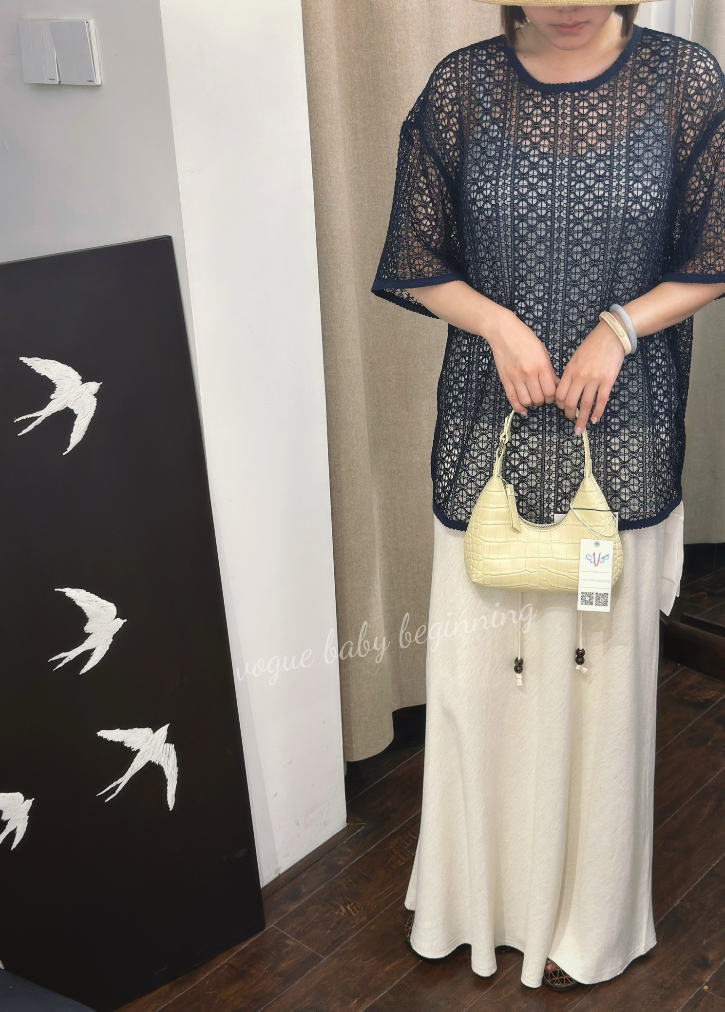 藏青色镂空钩织针织衫女夏季薄款透视罩衫宽松慵懒风外搭短袖上衣