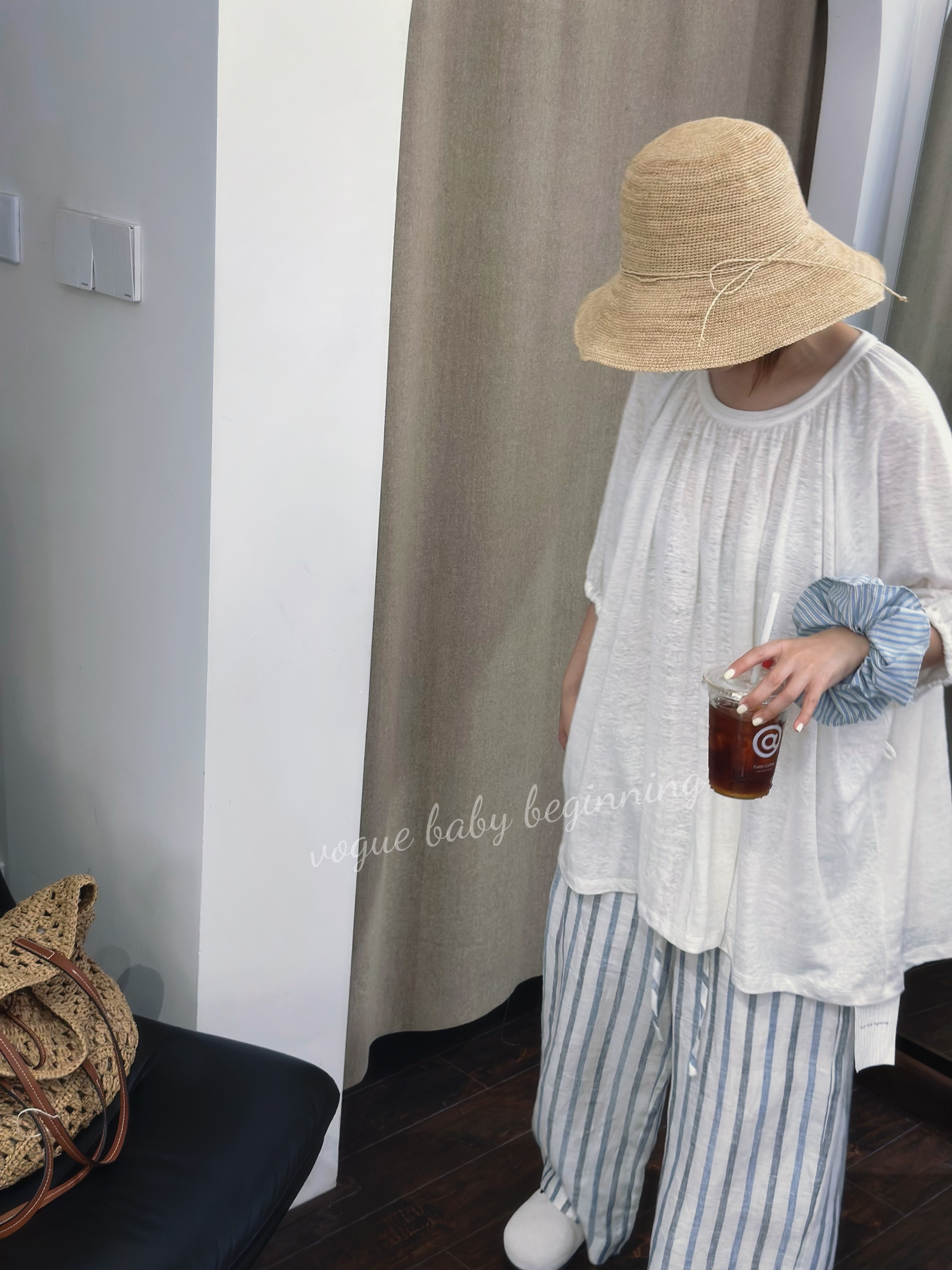 女款蓝白条纹亚麻阔腿裤夏季限定解锁慵懒松弛感藏肉显瘦不挑身材