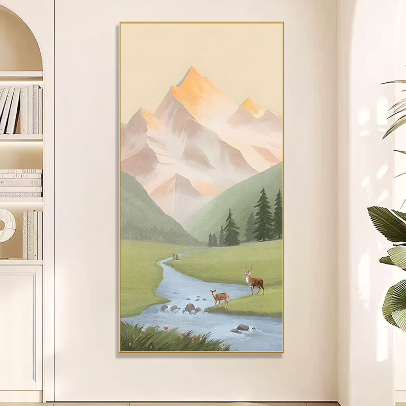 日照金山入户正对门墙挂画玄关装饰画山水画大气玄幻走廊过道壁画