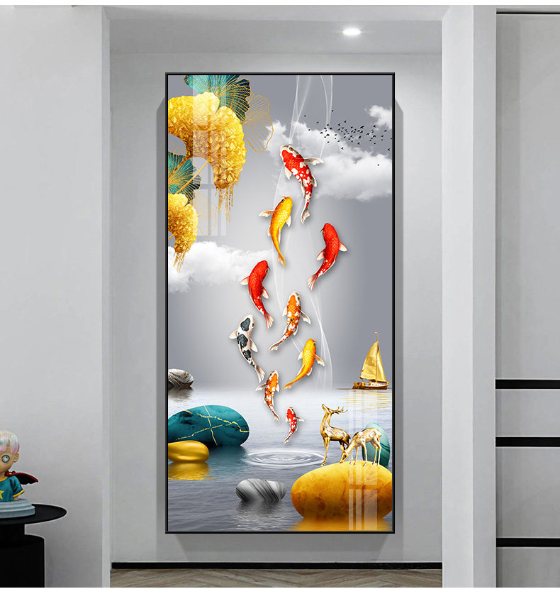 轻奢玄关装饰画大气九鱼图背景墙画现代简约走廊过道竖版客厅壁画