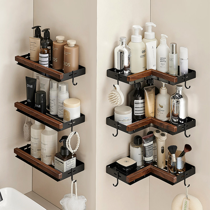 胡桃木浴室化妆室置物架免打孔洗手淋浴间厕所沐浴露收纳三角架子