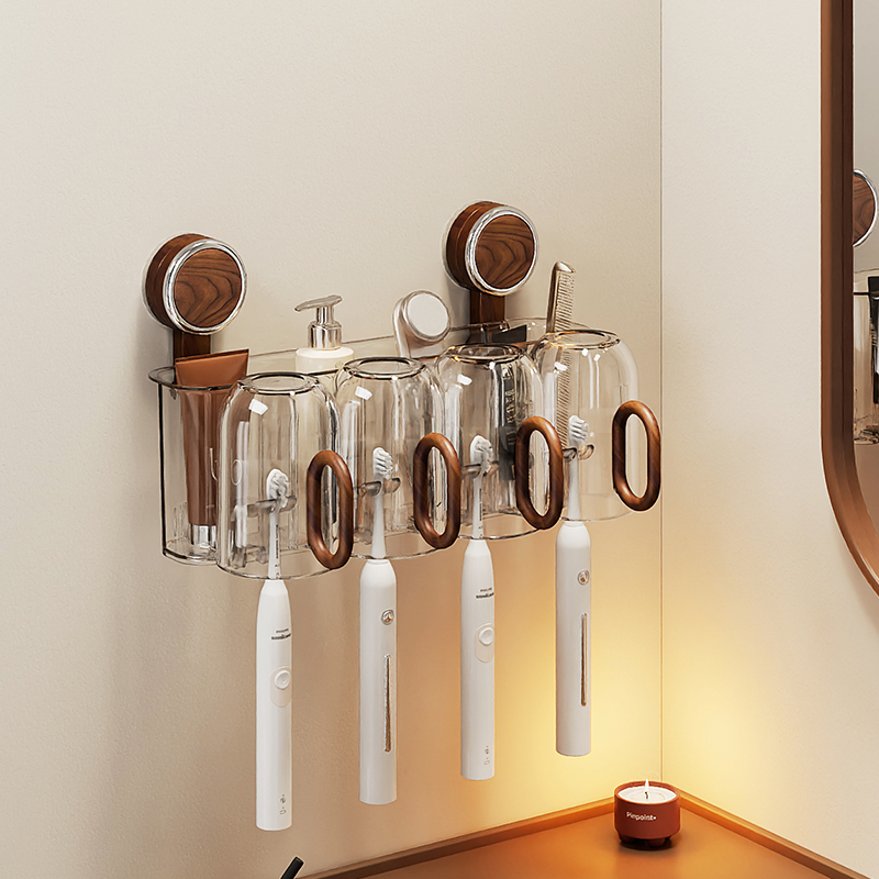 吸盘牙刷置物架中古风化妆室洗漱台免打孔壁挂漱口杯电动牙具架子
