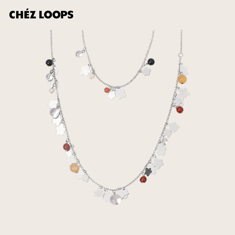 CHEZ LOOPS幸运花簇多用长项链腰链白水晶黄东陵玛瑙珍珠镀金项链