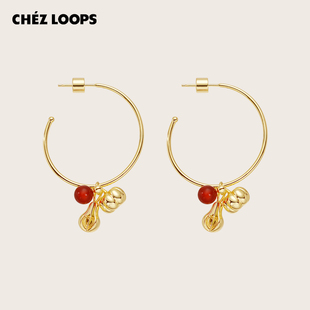 耳饰女 原创高级感金色大耳圈新款 CHEZ LOOPS南瓜梨香红玛瑙耳环