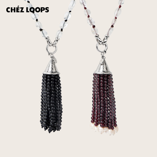 CHEZ LOOPS松果黑玛瑙石榴珍珠流苏项链原创设计白水晶链镀金长款