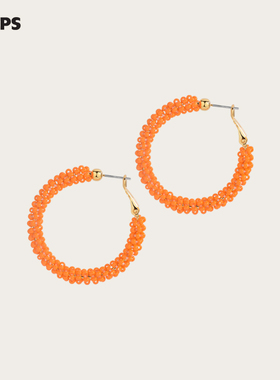 CHEZ LOOPS小众设计橙色耳环 气质度假风玻璃米珠编织新款耳饰女