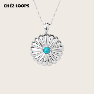 CHEZ 原创设计绿松石铜镀金锁骨链女 LOOPS绿松石雏菊之镜长项链