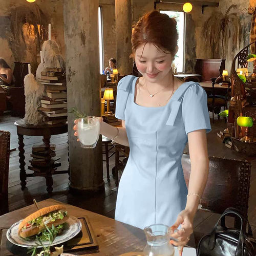 无拉链2026夏季新款韩版气质方领连衣裙收腰显瘦中长款裙子D5105