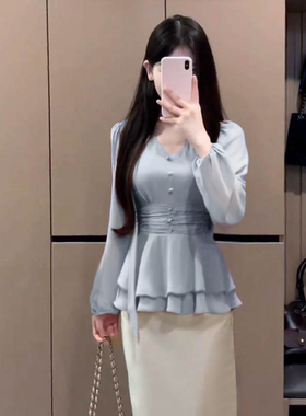 2026春季新款女独特V领超好看掐腰长袖衬衫上衣+半裙两件套D3606