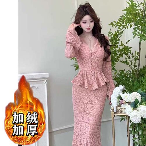 加绒加厚套装2026春季新款女深v蕾丝上衣包臀鱼尾裙两件套TX0304
