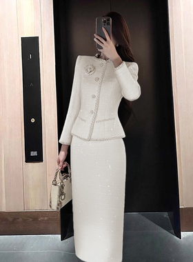 有里布2026春季新款女优雅套装小香风外套+开叉半裙两件套D3843